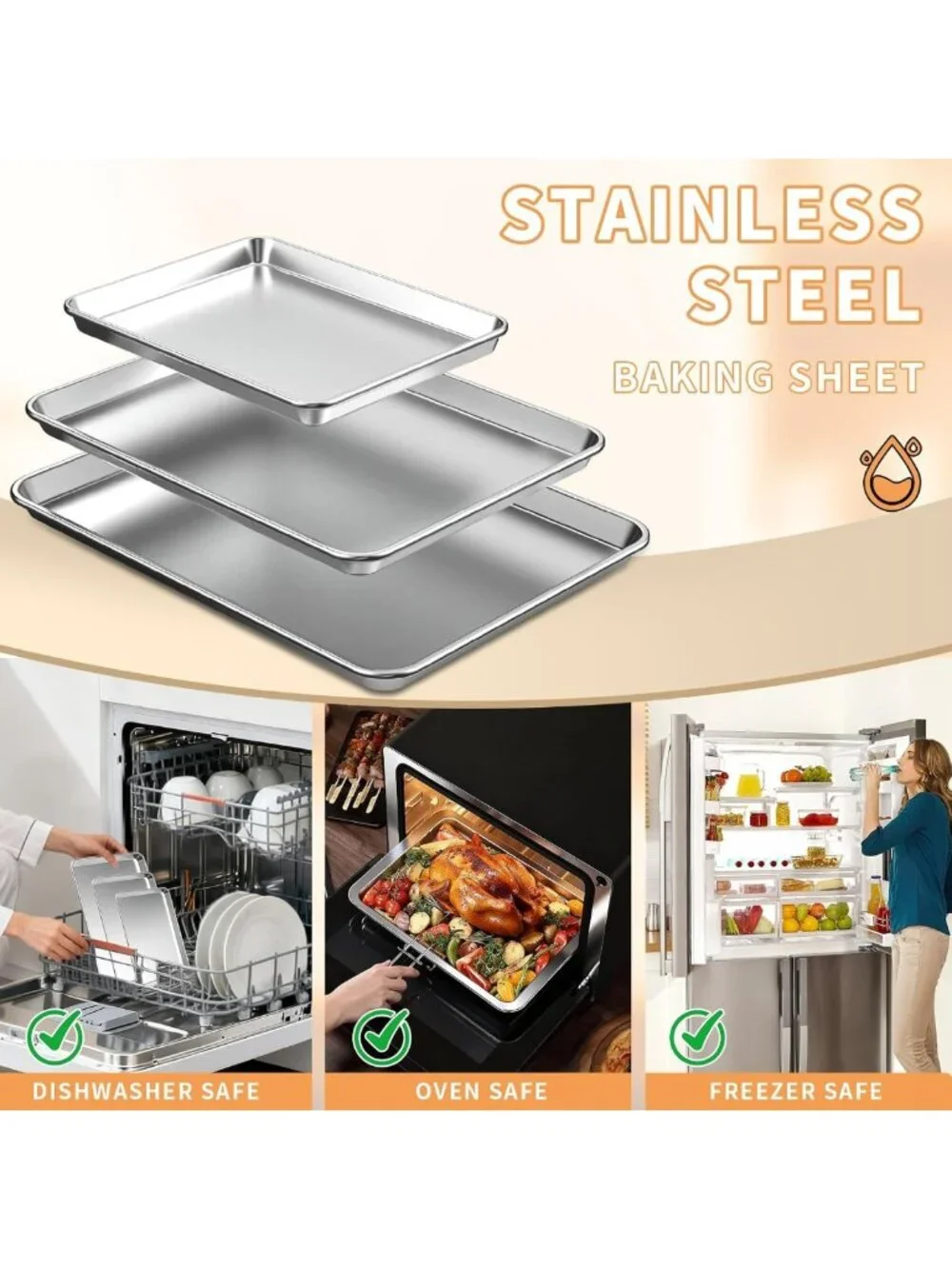Stainless Steel Baking Sheet Set of 3 - Non-Stick, Heavy Duty, Easy Clean Pans